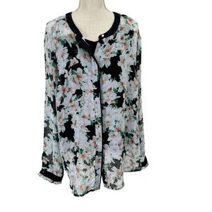 Liz Claiborne Career Blouse Shirt Womens Sz 2X Top Black Built In‎ Cami Floral